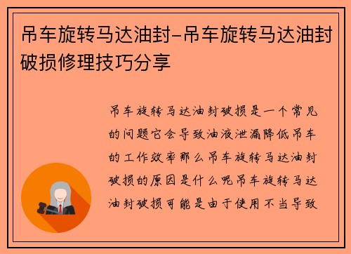 吊车旋转马达油封-吊车旋转马达油封破损修理技巧分享