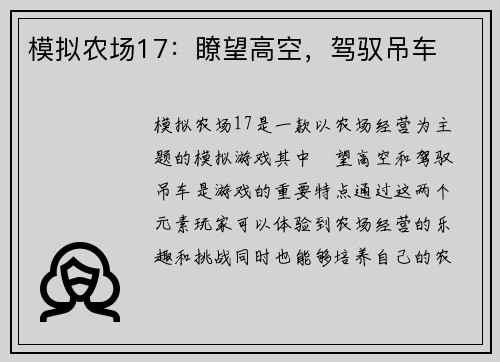 模拟农场17：瞭望高空，驾驭吊车