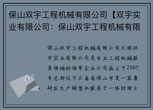 保山双宇工程机械有限公司【双宇实业有限公司：保山双宇工程机械有限公司：专业工程机械服务领域的领军企业】