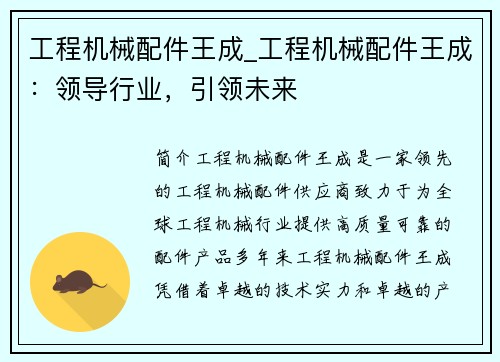 工程机械配件王成_工程机械配件王成：领导行业，引领未来